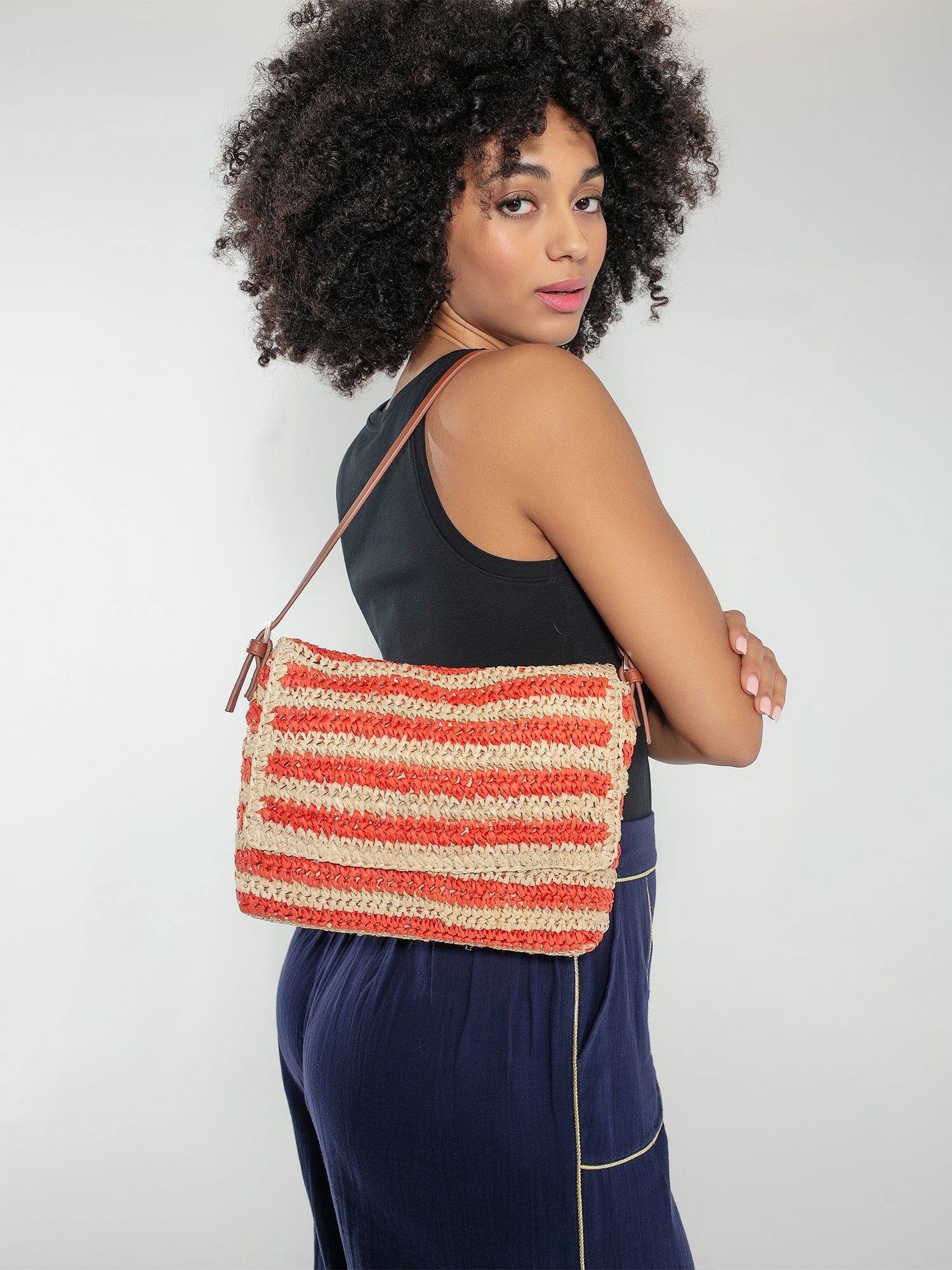 Bella Crochet Stripe Bag in Coral