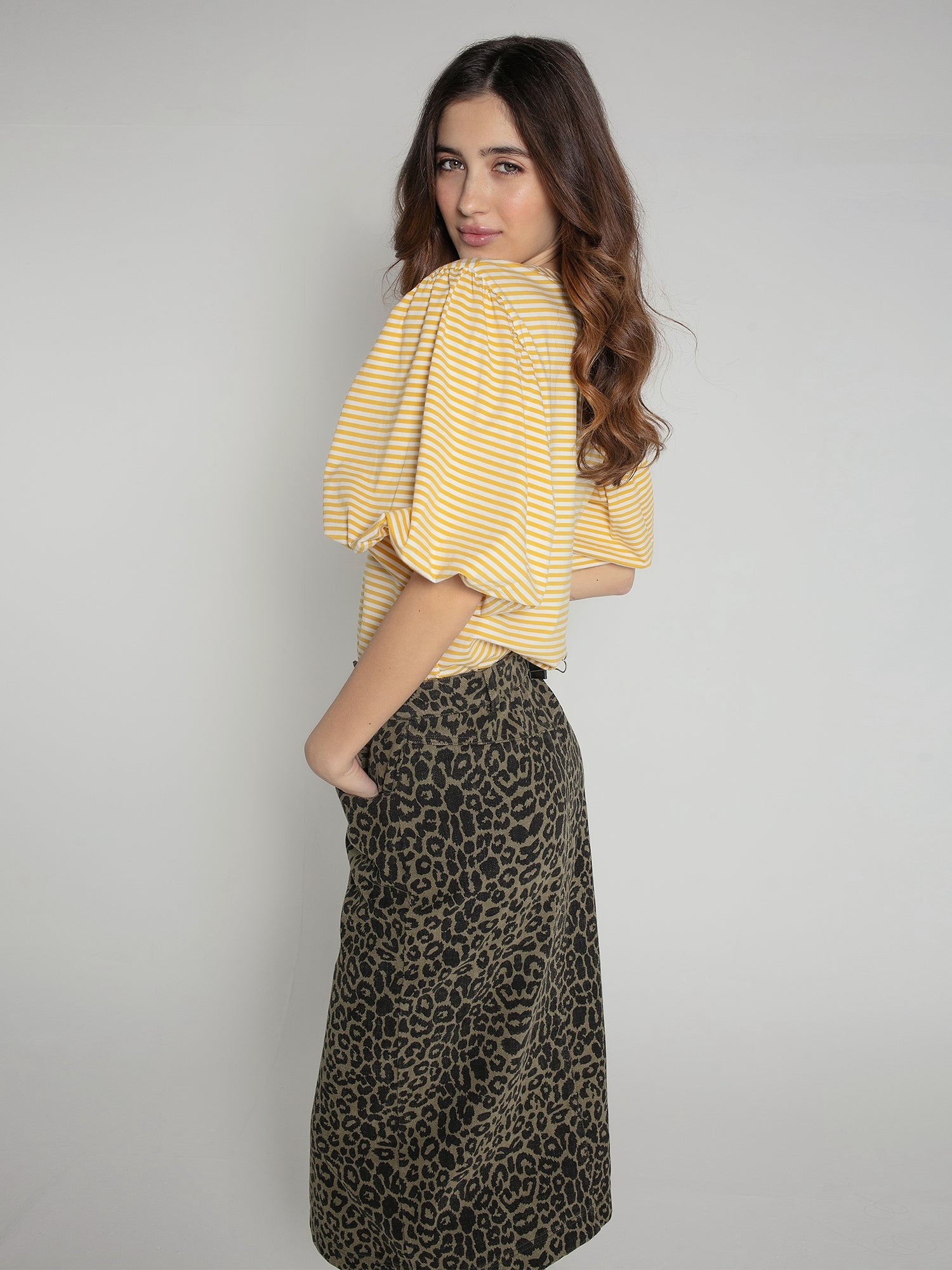 Frankie Denim Skirt in Khaki Leopard Print