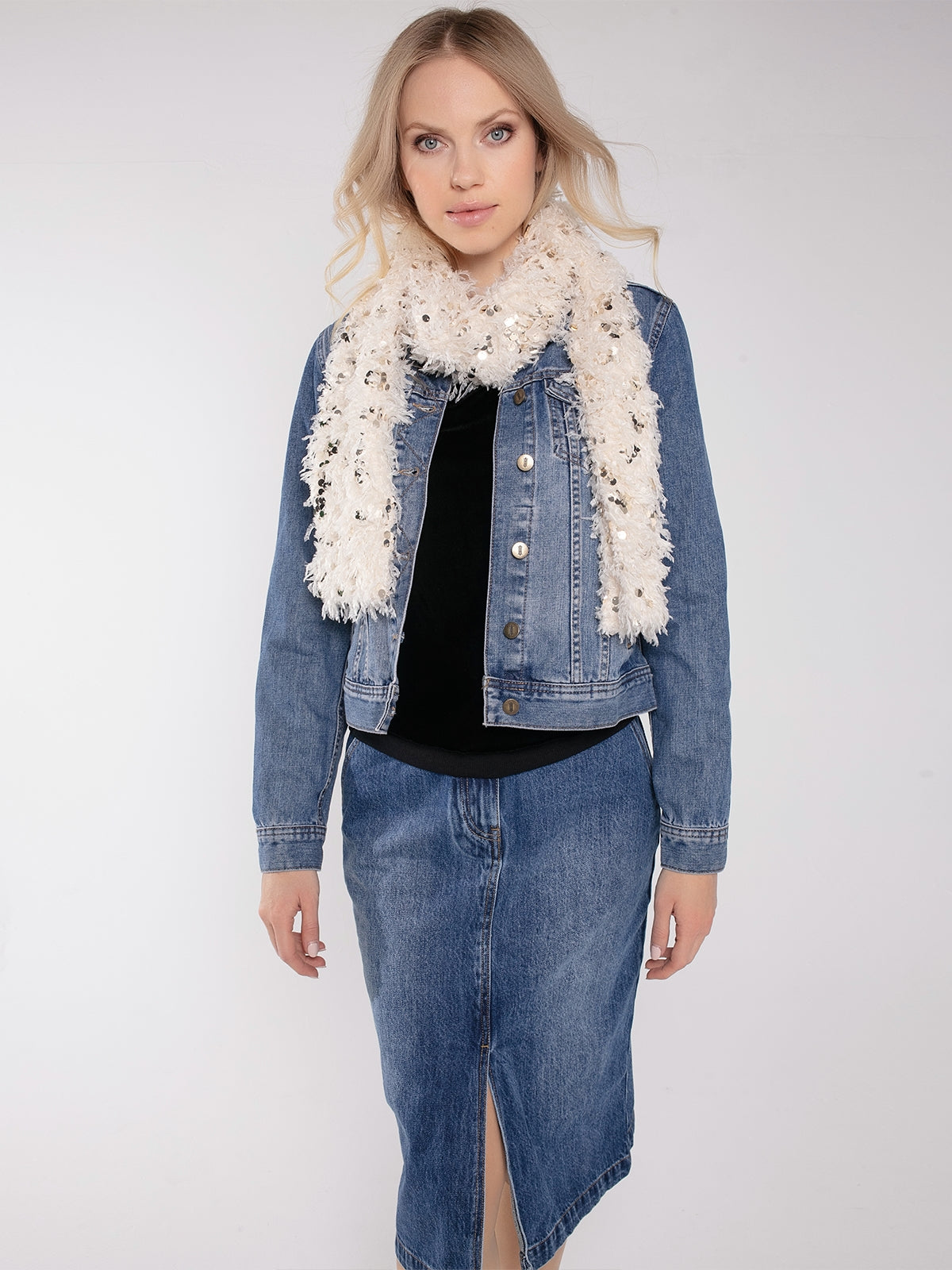 HARLOW SEQUIN AND FAUX FUR SCARF-CREAM