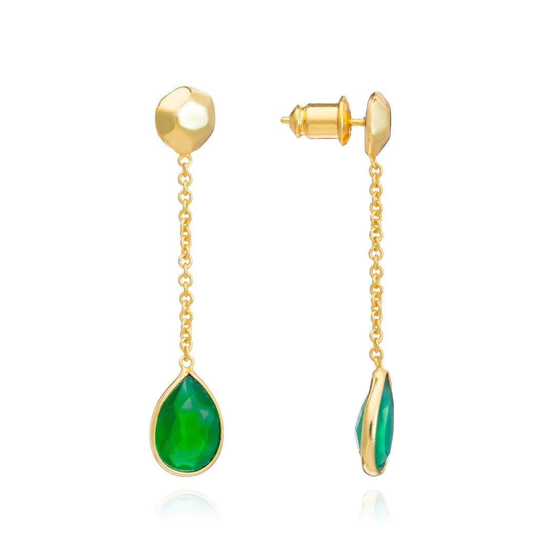 Azuni Gold Nugget Studs with Gemstone Drops-Green Onyx