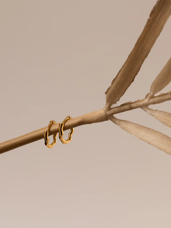 Gold Organic Round Wave Huggie Hoop Earrings