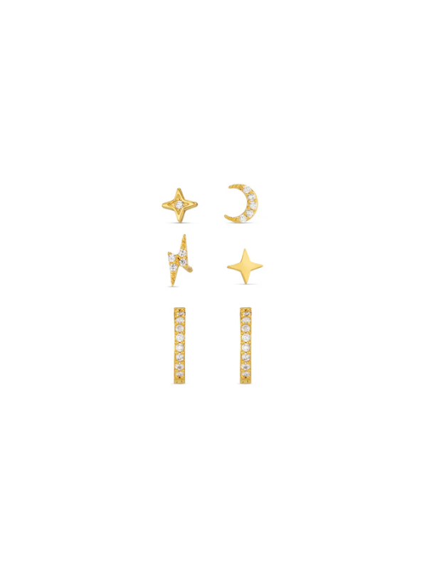 Mixed Celestial Stud & Pave Micro Hoop Earring Pack - Gold