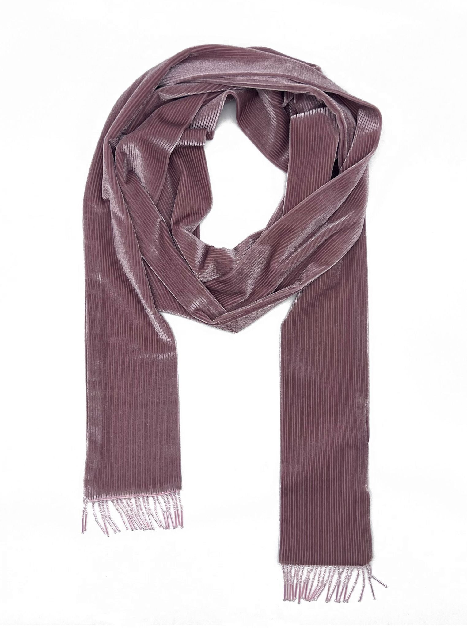 TUXEDO SKINNY VELVET SCARF WITH BEADED FRINGE-PINK