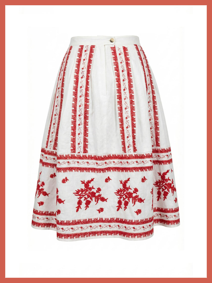 Aimee Ditsy Embroidered Cotton Pleated Skirt In White