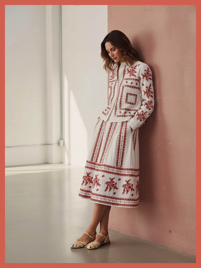 Aimee Ditsy Embroidered Cotton Pleated Skirt In White