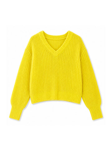 Anakoni Solid Long Sleeve V-Neck Sweater - Sunrise