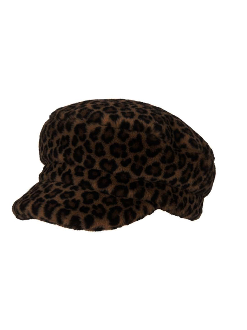 Women's chocolate leopard faux fur cap for statement winter looks