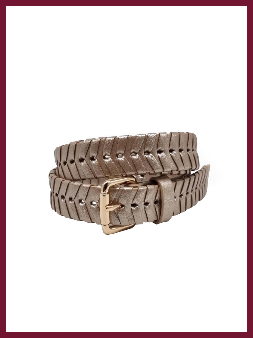 Women's gold woven belt for elegant outfit styling