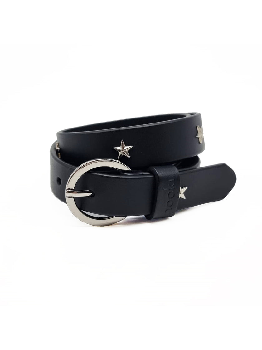 Women's black leather star belt for statement outfit styling