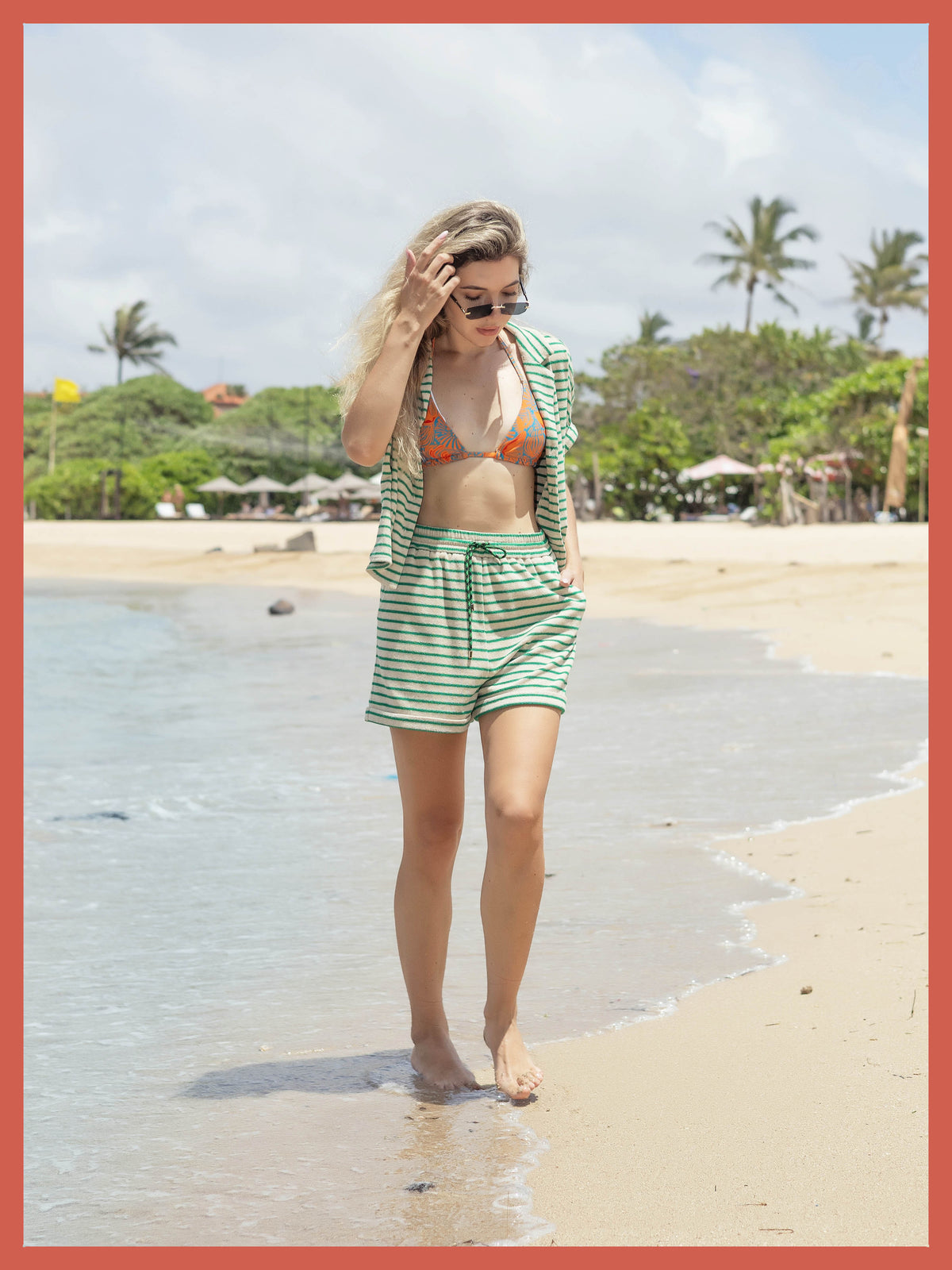 Talinn Towelling Cotton Striped Shorts - Green Mix