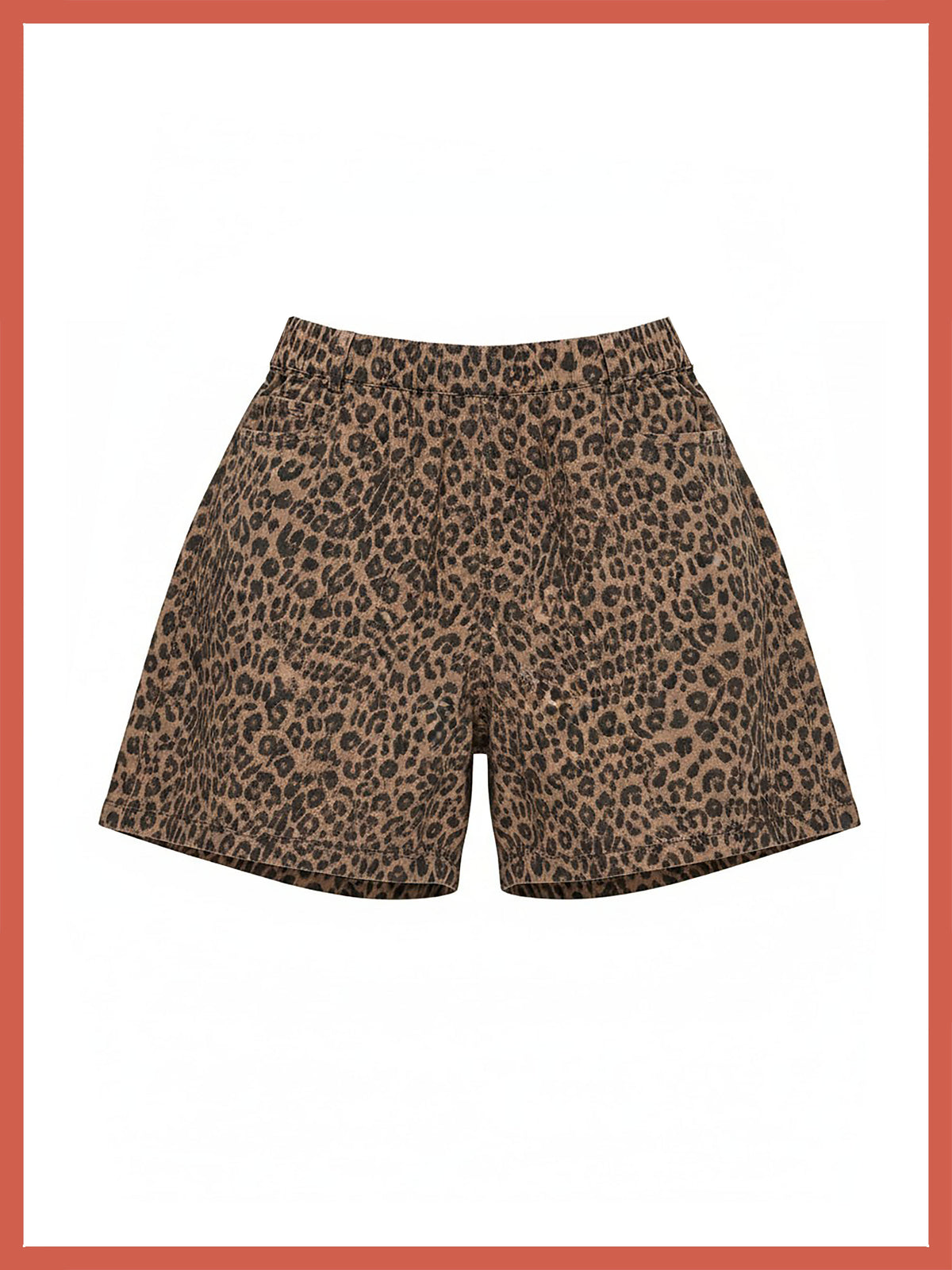 A pair of leopard print shorts in brown and black, displayed flat against a white background with a coral border.