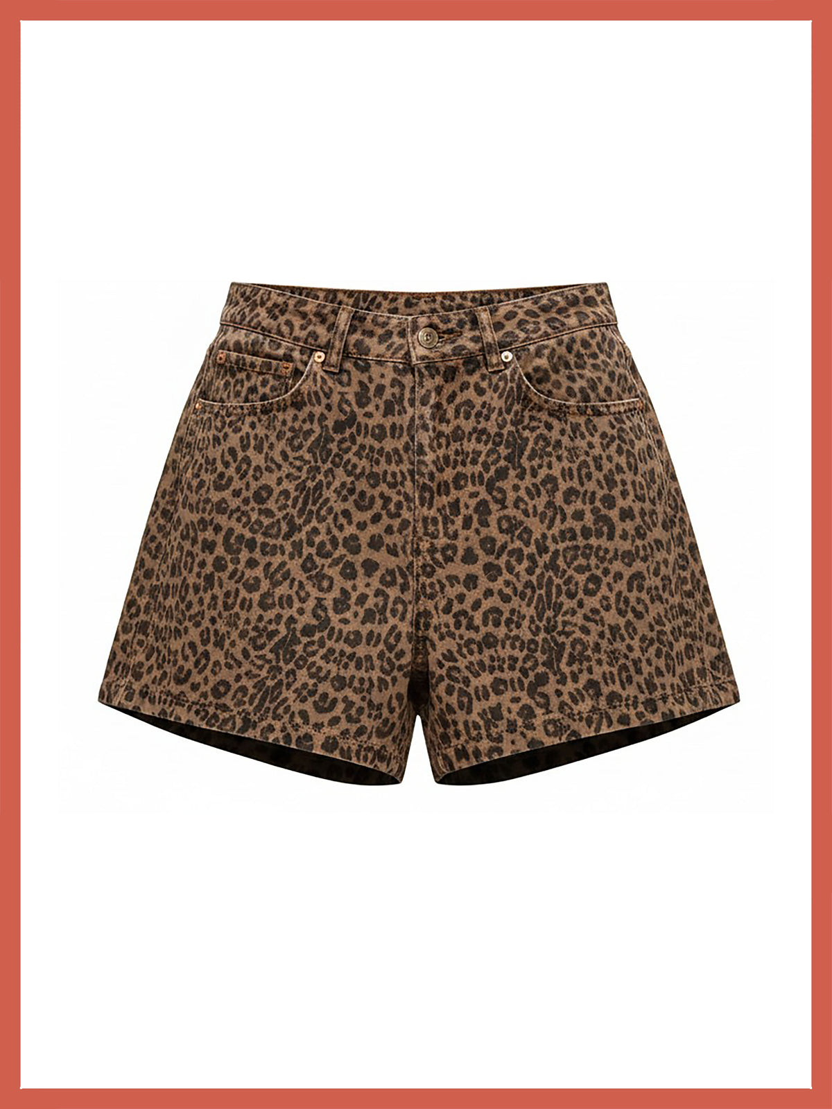 A pair of leopard print shorts in brown and black, featuring a classic five-pocket design and a button closure, shown against a white background with a coral border.