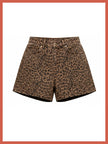 A pair of leopard print shorts in brown and black, featuring a classic five-pocket design and a button closure, shown against a white background with a coral border.