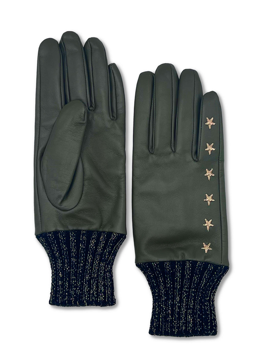 ELVIS STAR EMBROIDERED LEATHER GLOVE-KHAKI