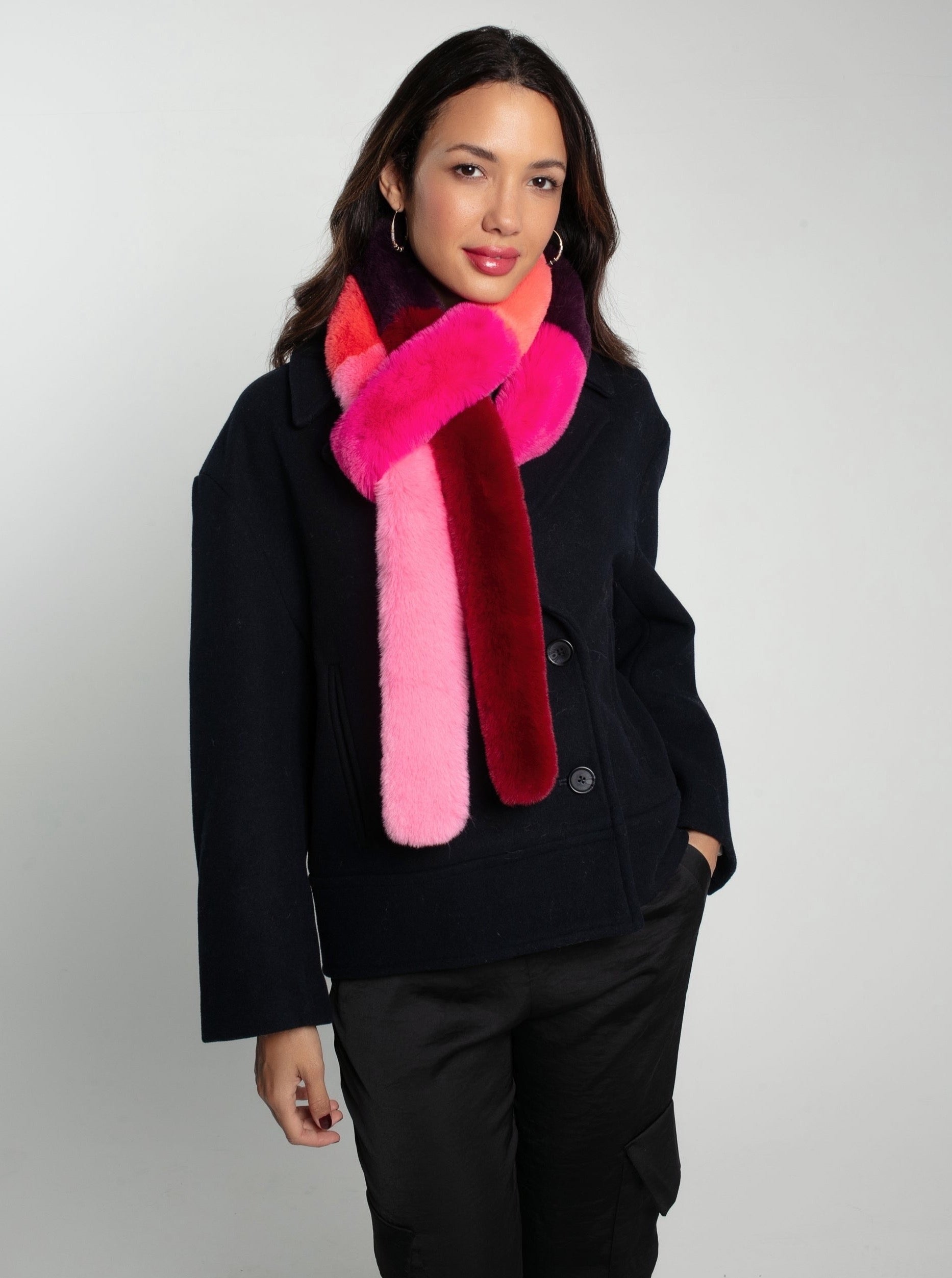 CAROUSEL FAUX FUR  STRIPE SCARF-CORAL