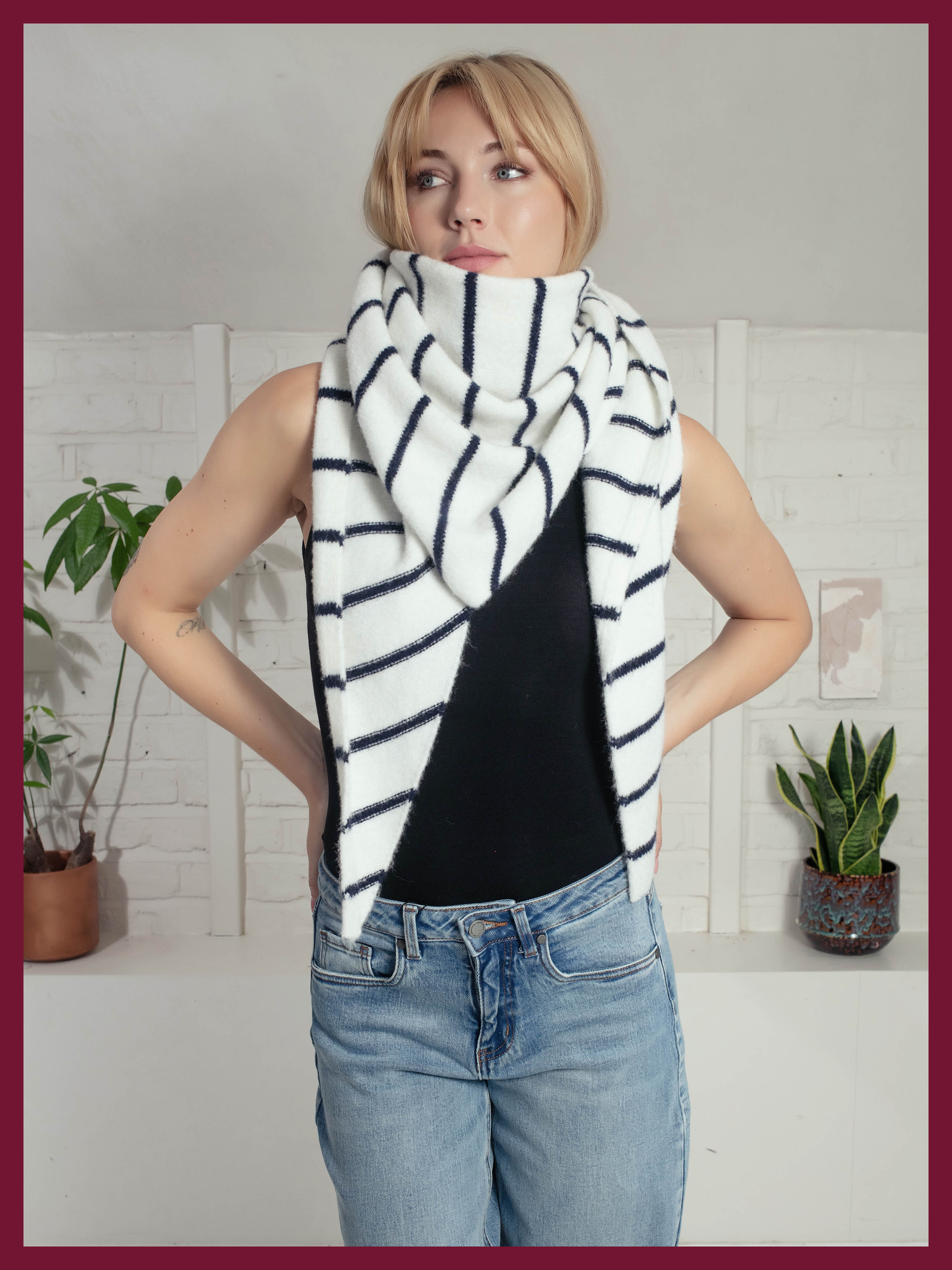 Edwina Knitted Triangle Scarf - Navy Stripe