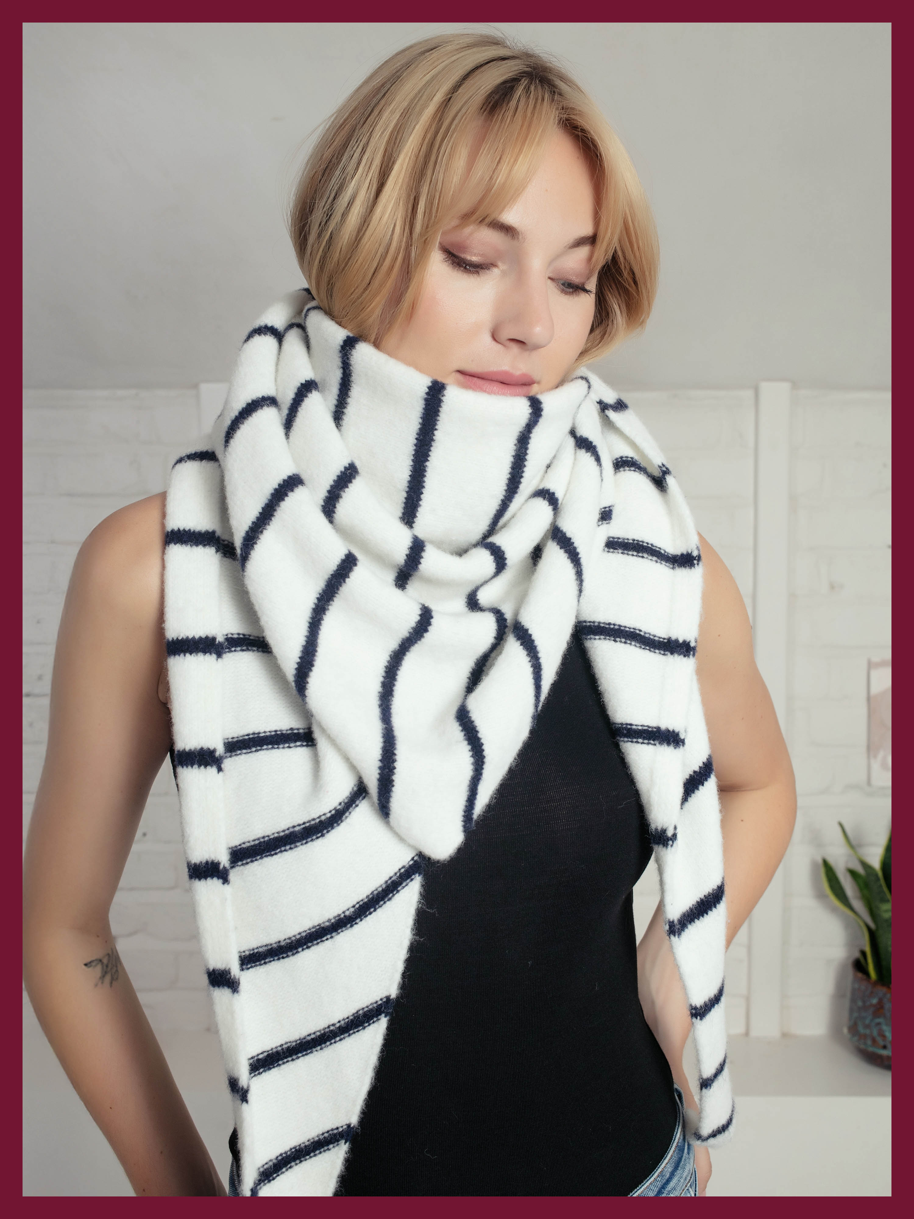 Edwina Knitted Triangle Scarf - Navy Stripe