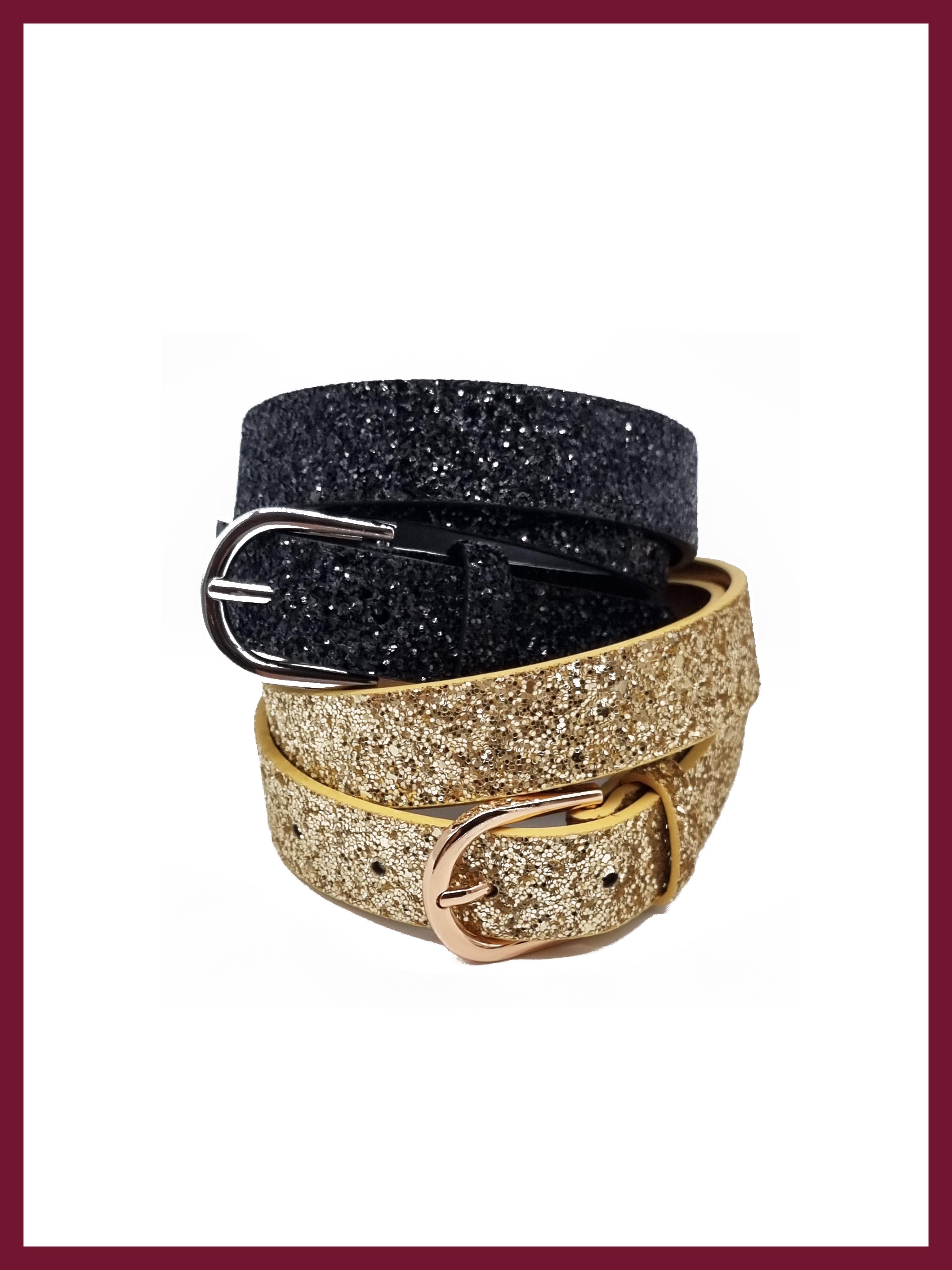 Women's shimmering black statement belt with sparkle finish