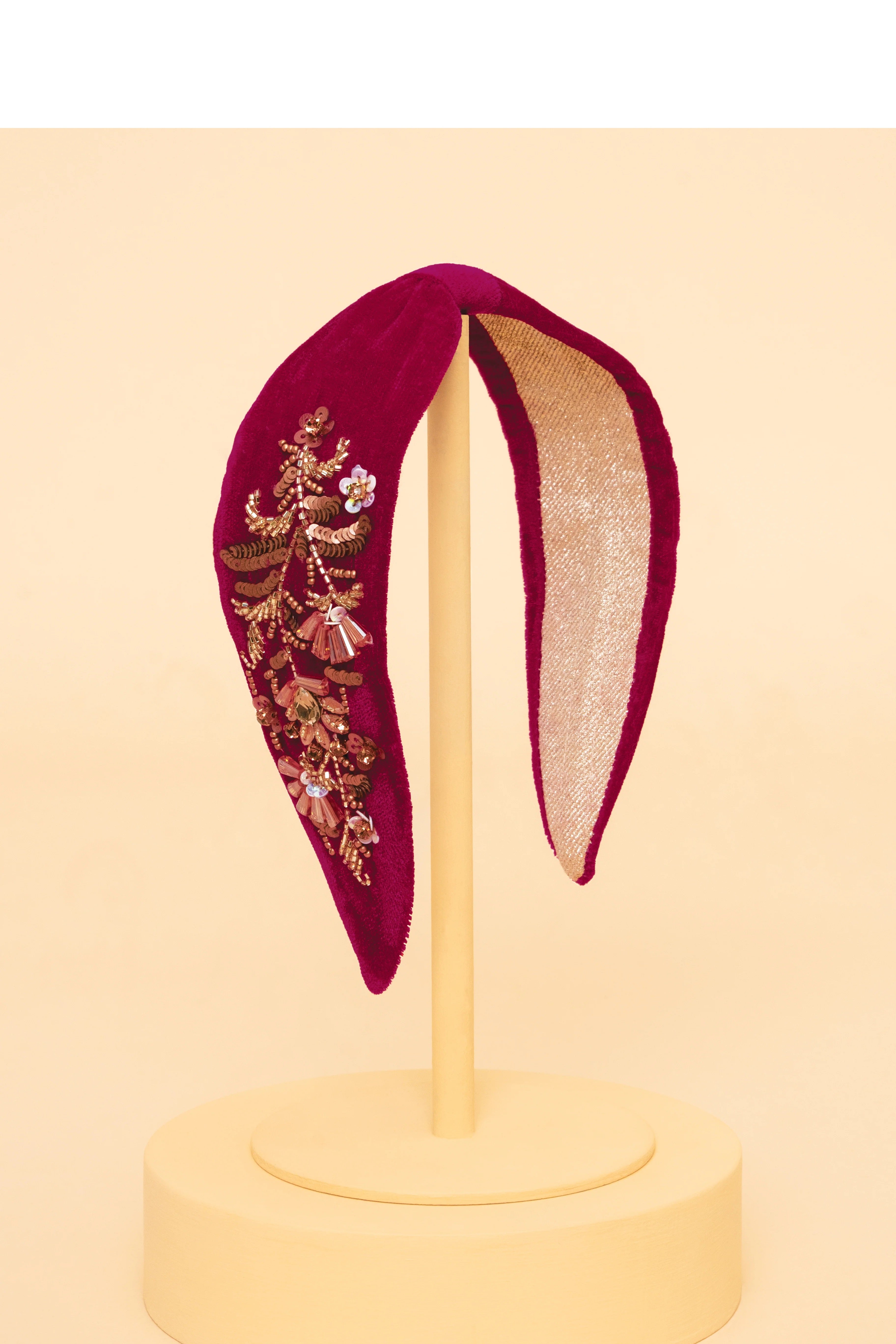 Velvet Embellished Headband - Golden Wildflowers, Fuchsia