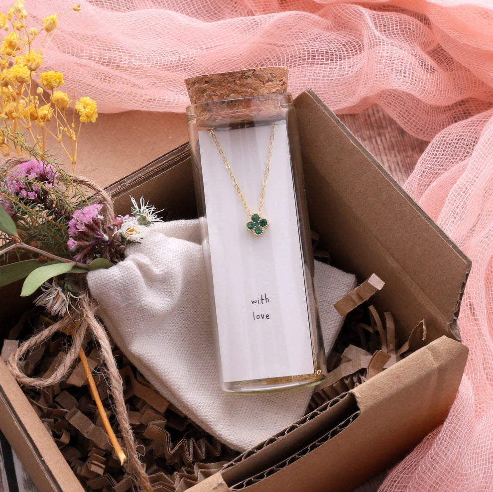 Four Clover Crystal Flower Necklace Green