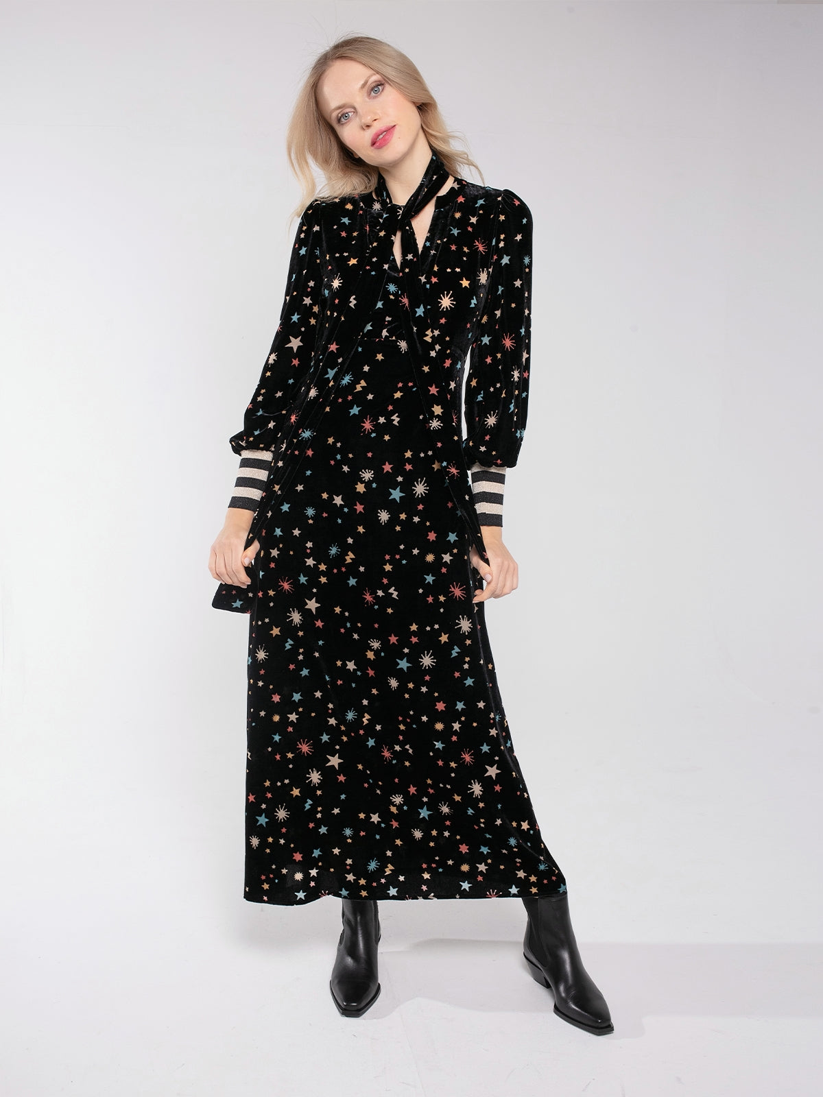 KIRA PRINTED VELVET DRESS WITH SCARF