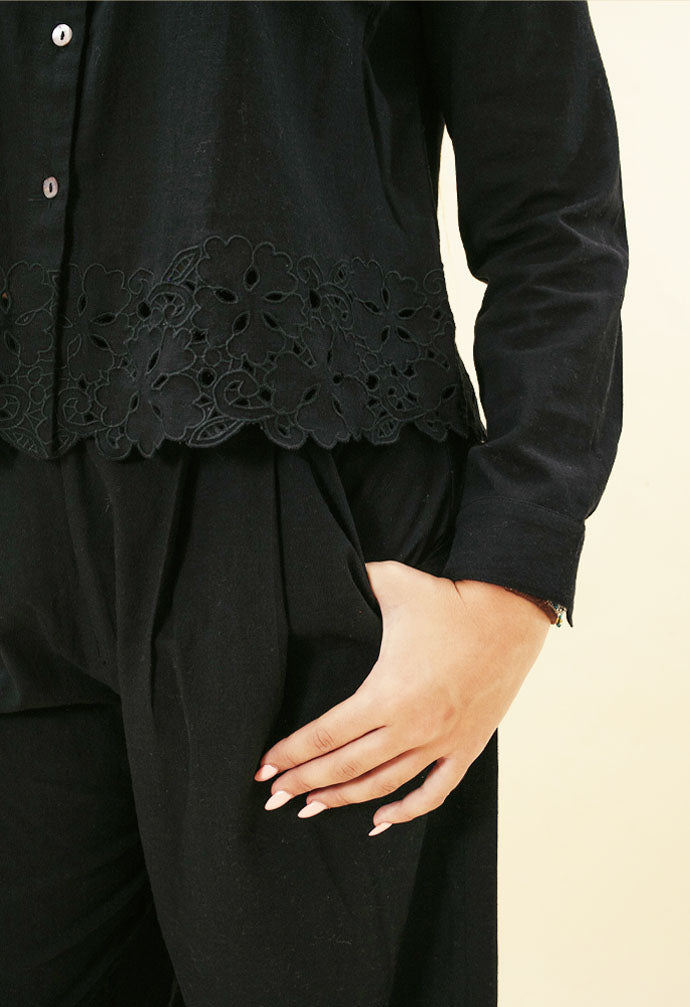 Sirena Embroidered Cutwork Trouser - Black