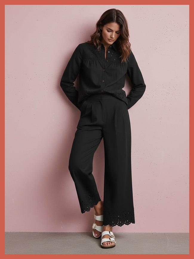 Sirena Embroidered Cutwork Trouser - Black