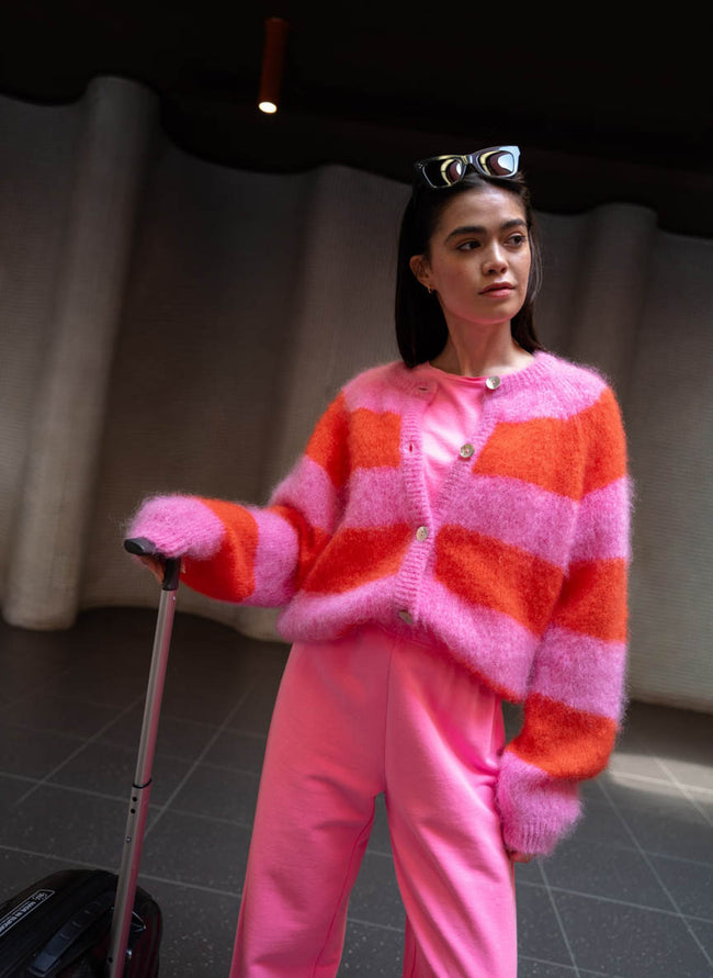 Timea Striped Buttoned Round Neck Long Sleeve Cardigan - Bubblegum Fire