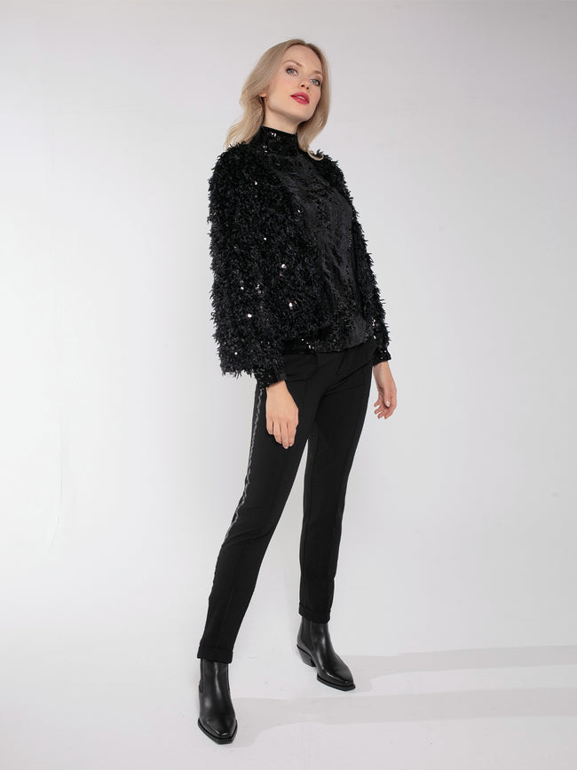 MARLY SEQUIN AND FAUX FUR KIMONO-BLACK