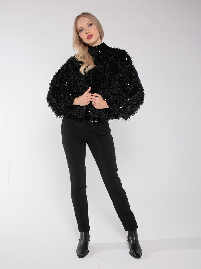 MARLY SEQUIN AND FAUX FUR KIMONO-BLACK