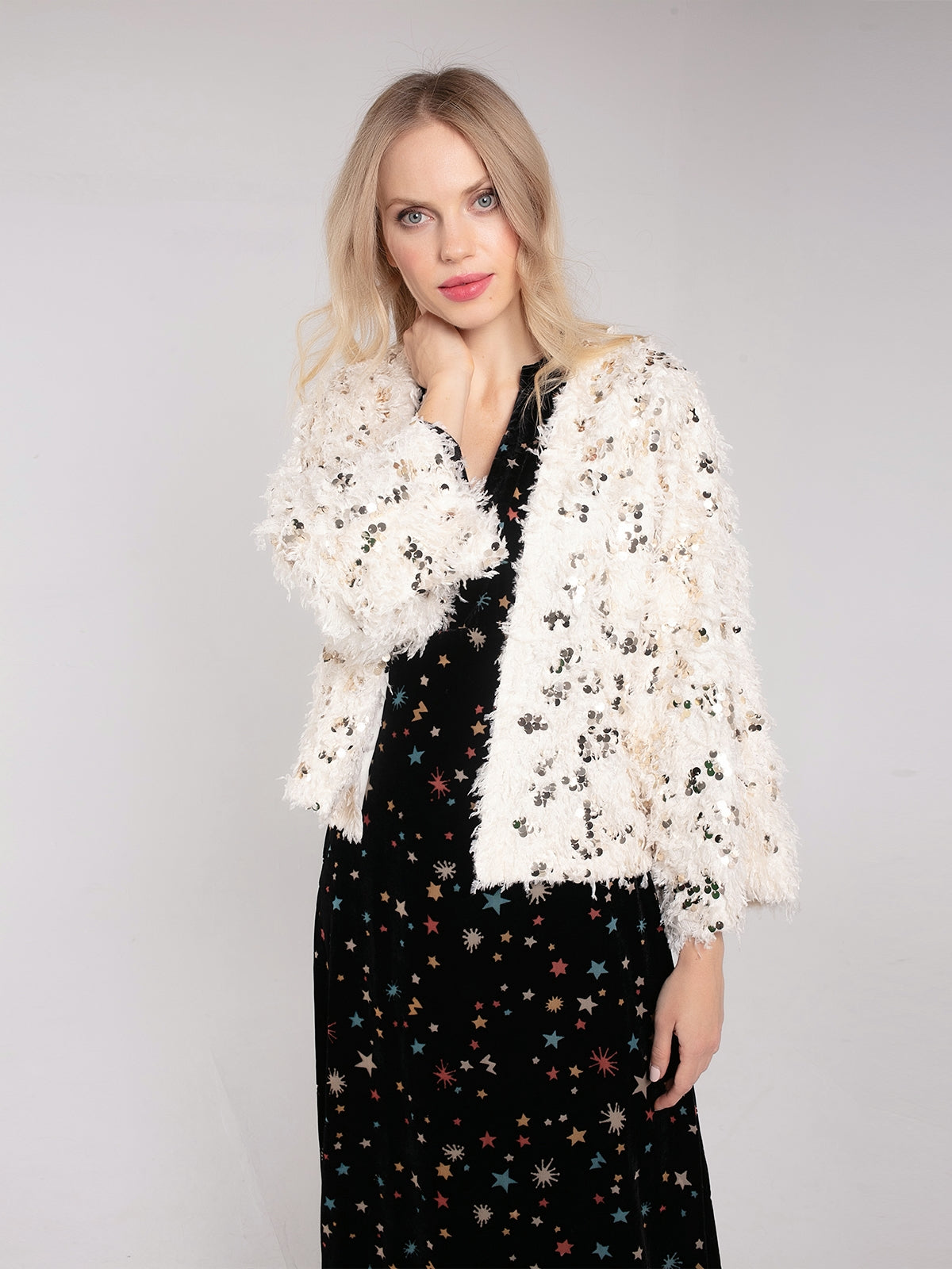 MARLY SEQUIN AND FAUX FUR KIMONO-CREAM
