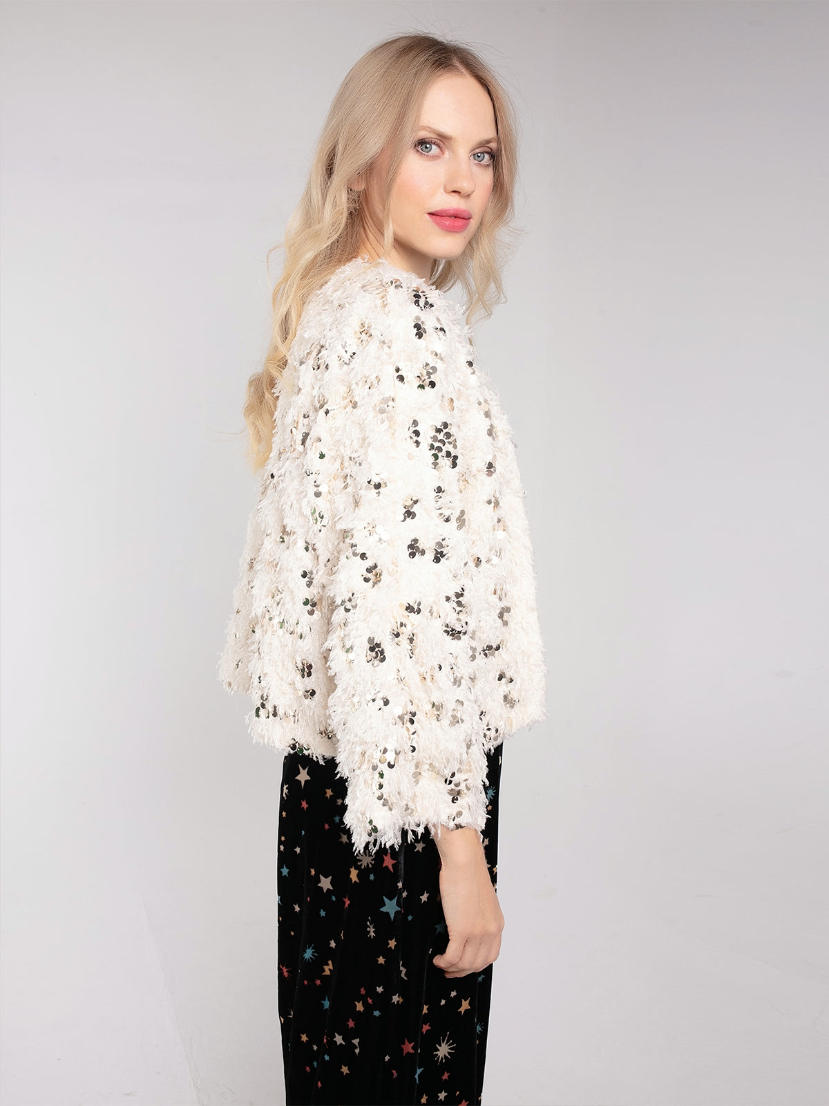 MARLY SEQUIN AND FAUX FUR KIMONO-CREAM