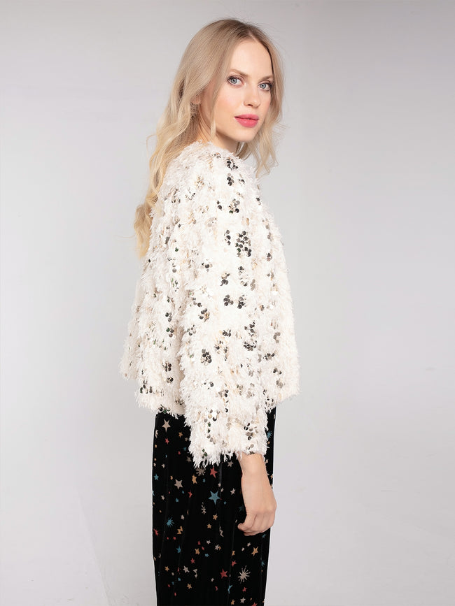 MARLY SEQUIN AND FAUX FUR KIMONO-CREAM