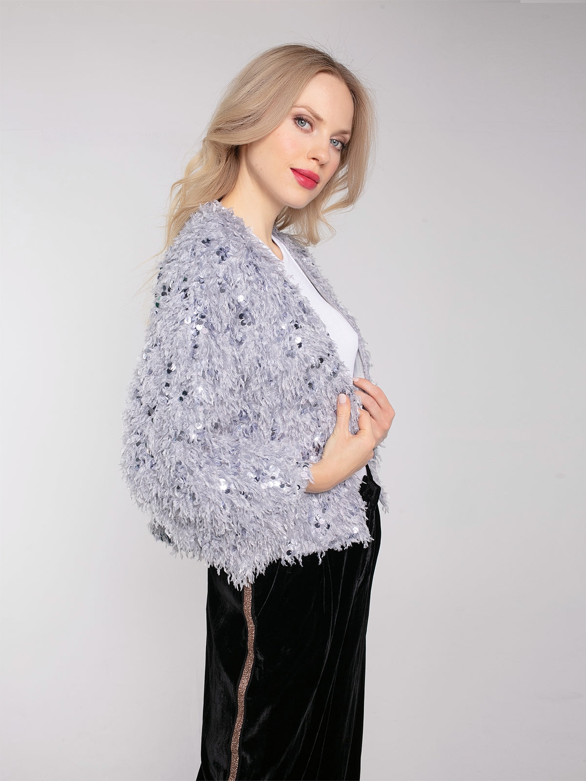 MARLY SEQUIN AND FAUX FUR KIMONO-GREY