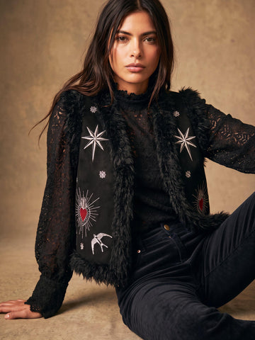 Sacred Heart Embroidered Faux Fur Gilet - Black