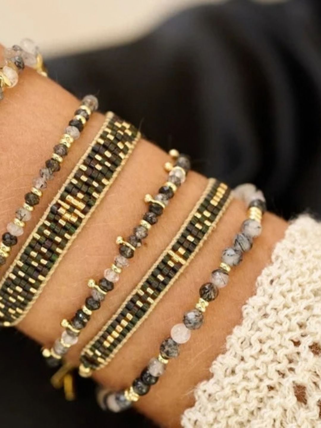 Wonder Gold & Black Rutilated Quartz Stretch Bead Bracelet