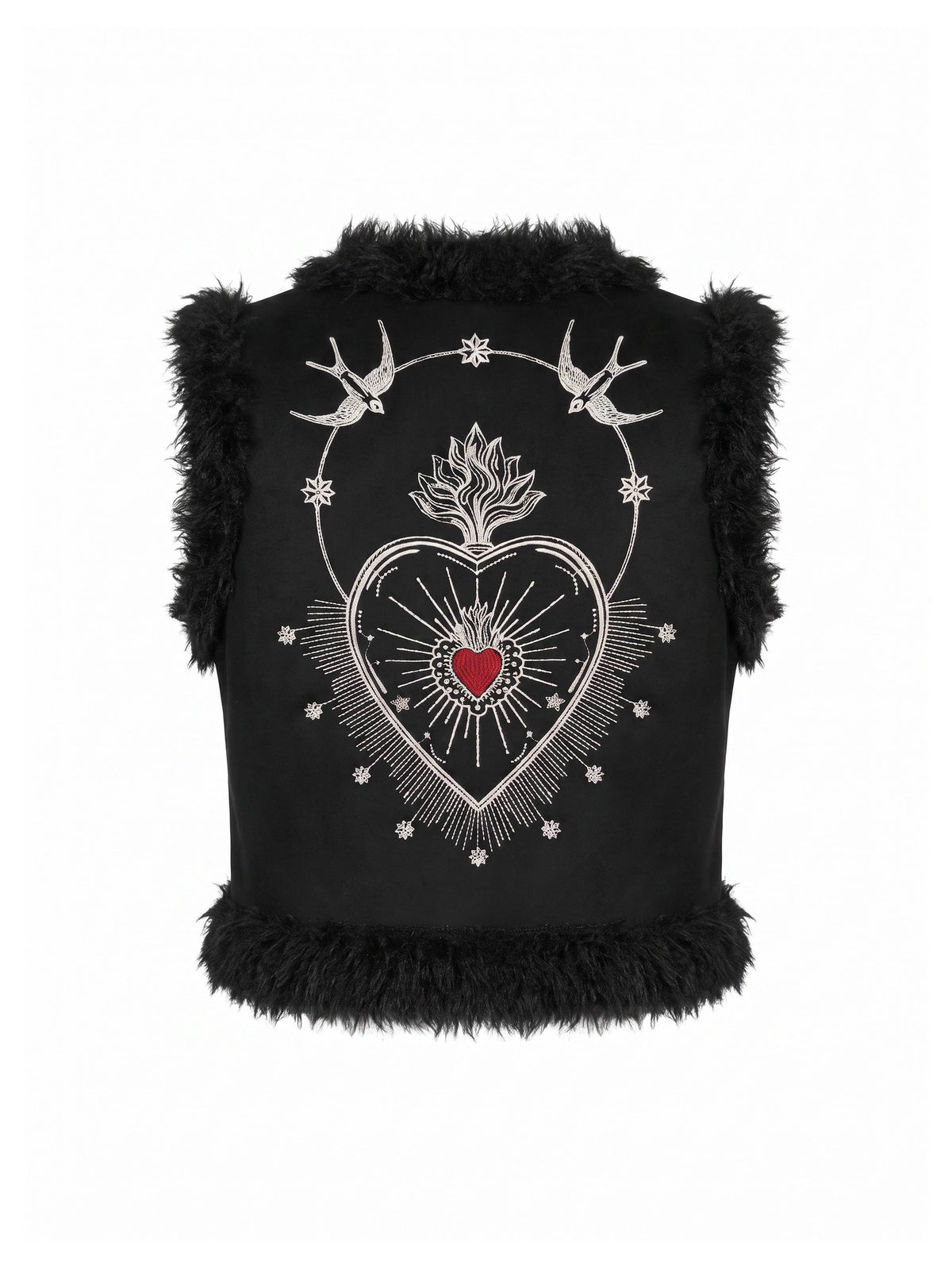 Sacred Heart Embroidered Faux Fur Gilet - Black