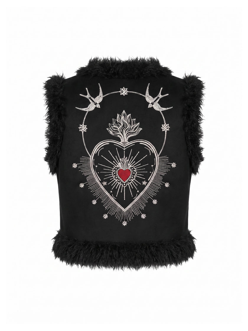 Sacred Heart Embroidered Faux Fur Gilet - Black