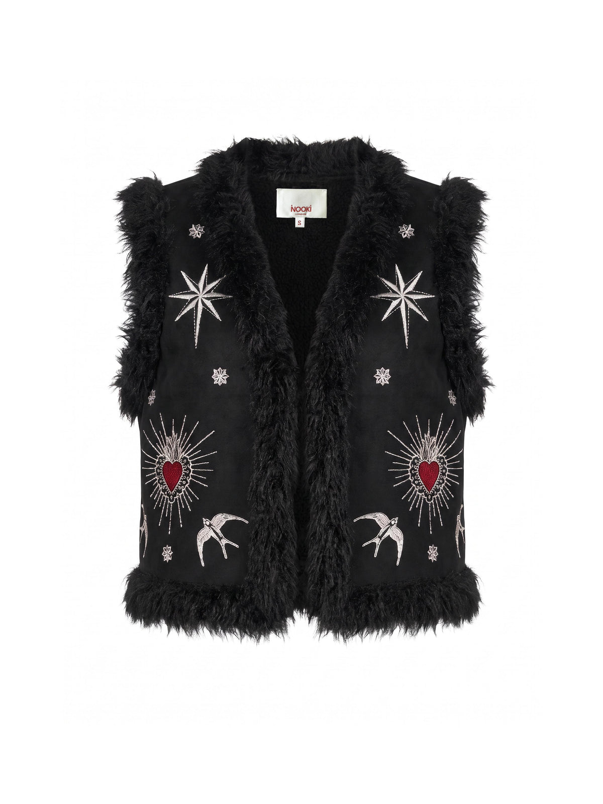 Sacred Heart Embroidered Faux Fur Gilet - Black