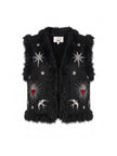 Sacred Heart Embroidered Faux Fur Gilet - Black