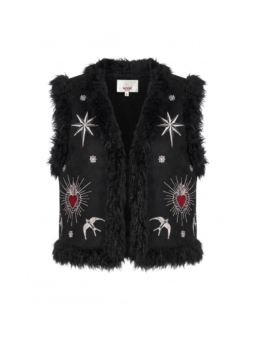 Sacred Heart Embroidered Faux Fur Gilet - Black