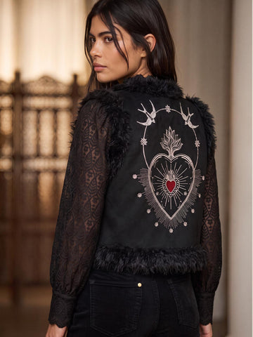 Sacred Heart Embroidered Faux Fur Gilet - Black