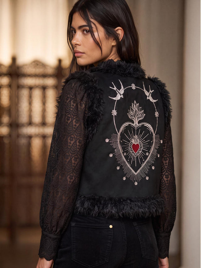 Sacred Heart Embroidered Faux Fur Gilet - Black