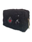 Black faux fur wash bag for women's travel accessories
