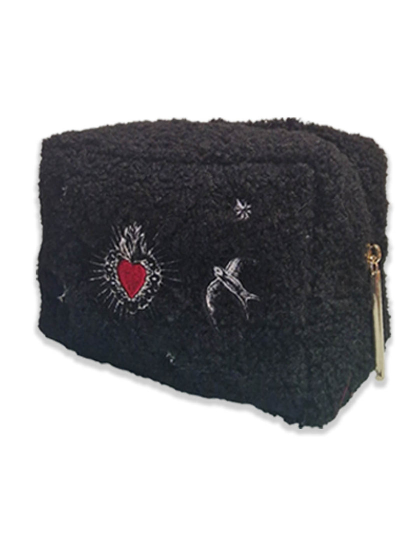 Black faux fur wash bag for women's travel accessories