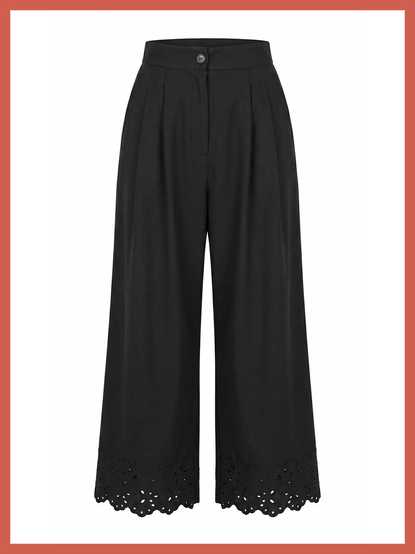 Sirena Embroidered Cutwork Trouser - Black