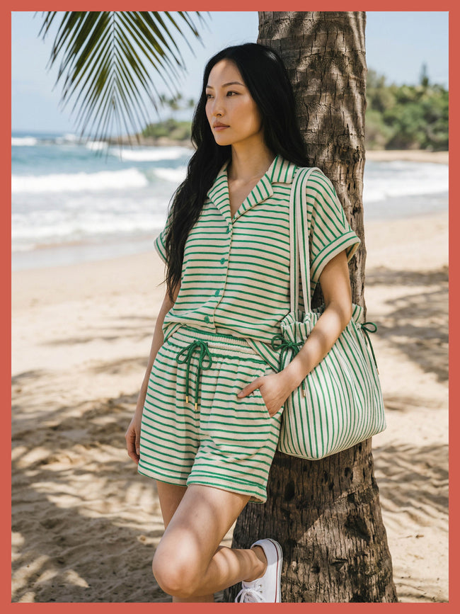 Talinn Towelling Cotton Striped Shorts - Green Mix