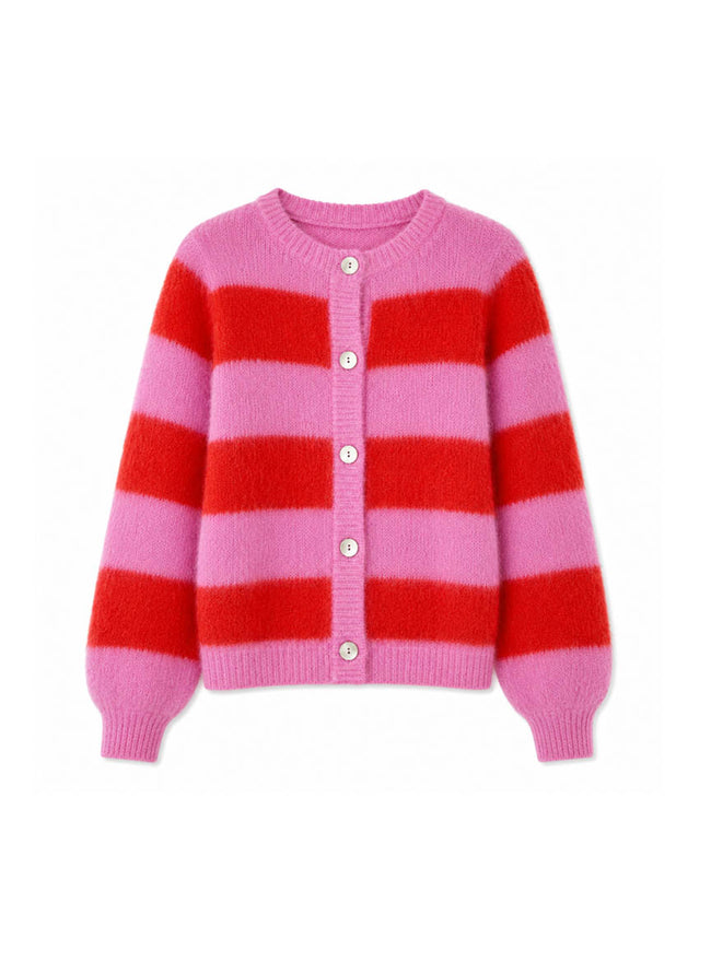 Timea Striped Buttoned Round Neck Long Sleeve Cardigan - Bubblegum Fire