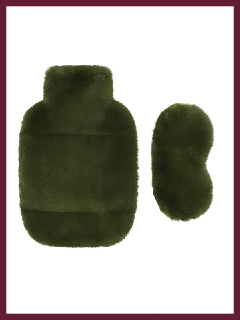FAUX FUR HOT WATER BOTTLE AND EYE MASK SET IN OLIVE