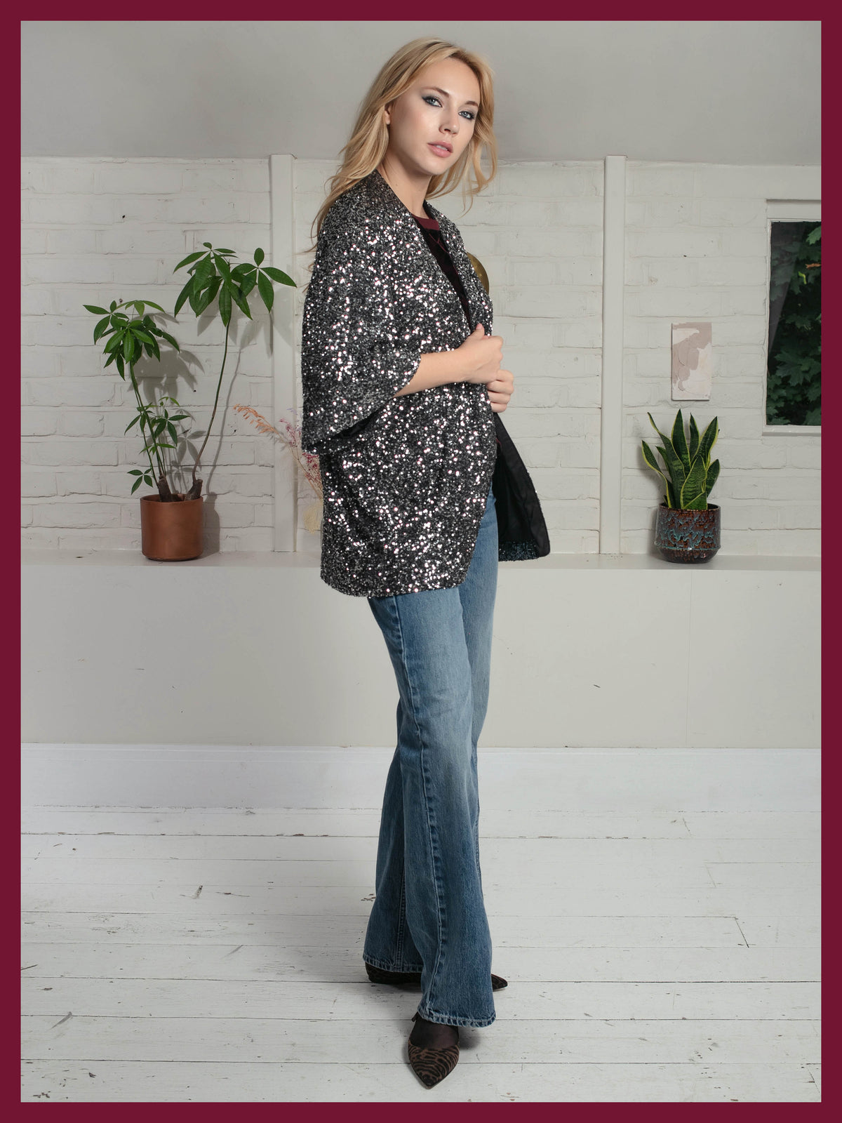 Sparkly gunmetal sequin kimono for women's evening outfits